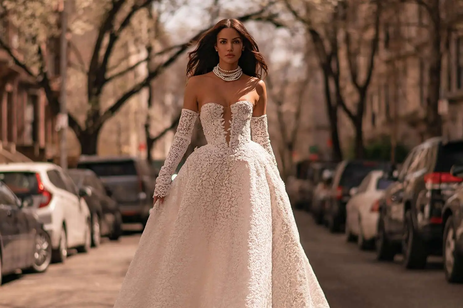 Berta Couture gown with sheer lace bodice and puff sleeves