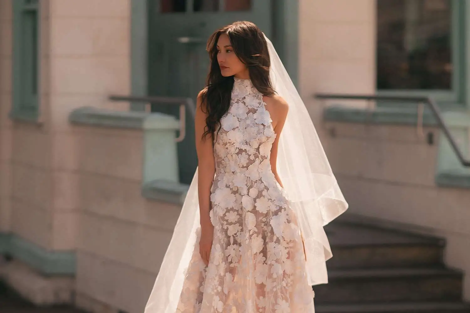 Muse by Berta high-neck floral appliqué gown with veil