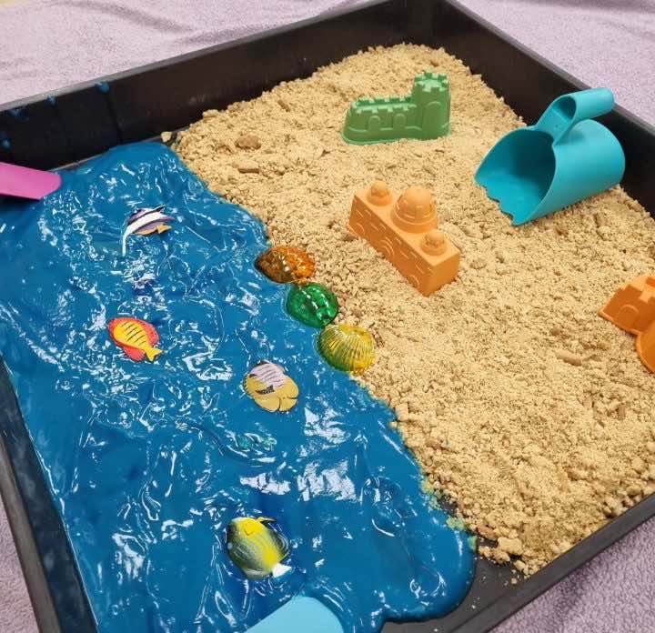 Messy Play Tray idea - Beach themed