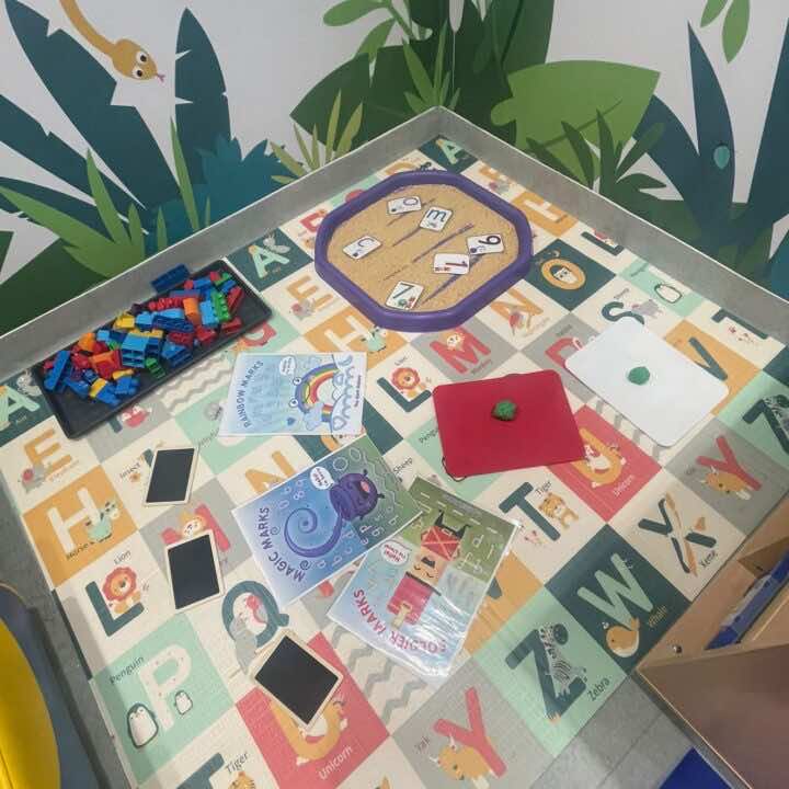 A set up by Little Learners UK for Great Ormond Street including tuff tray, mark making and drawing details 