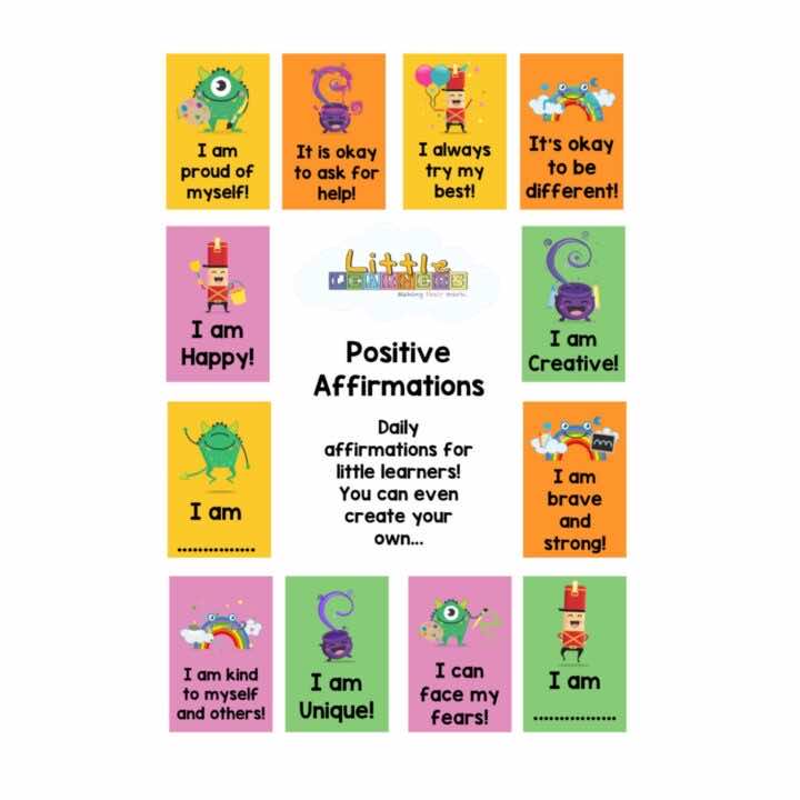 Colourful affirmation sheets that read 'I am unique!'