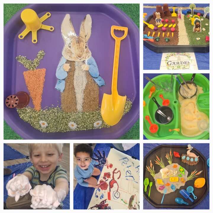 Little Learners Winchester messy play tuff tray that shows Peter Rabbit surrounded by carrots for Easter